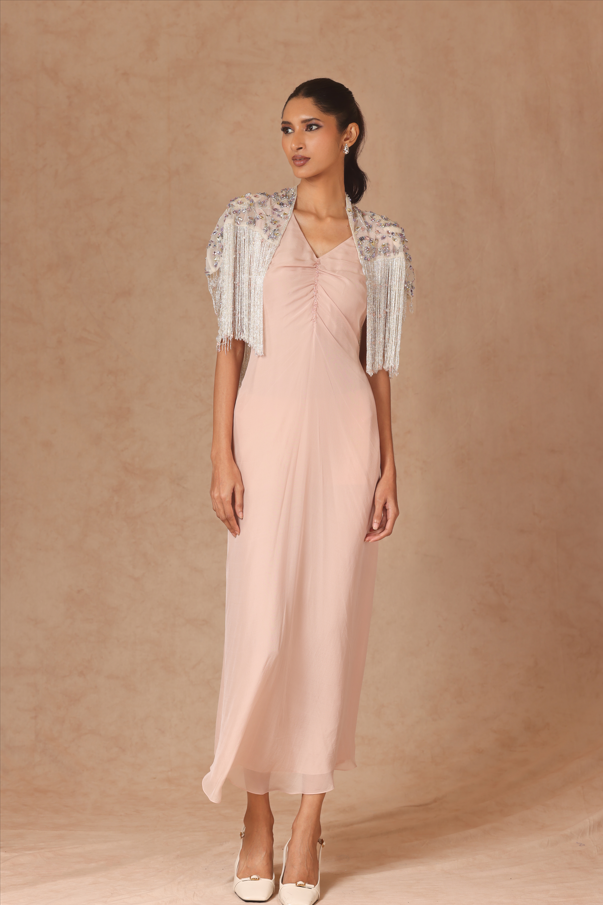 Drape Fringe Cape With Chiffon Dress