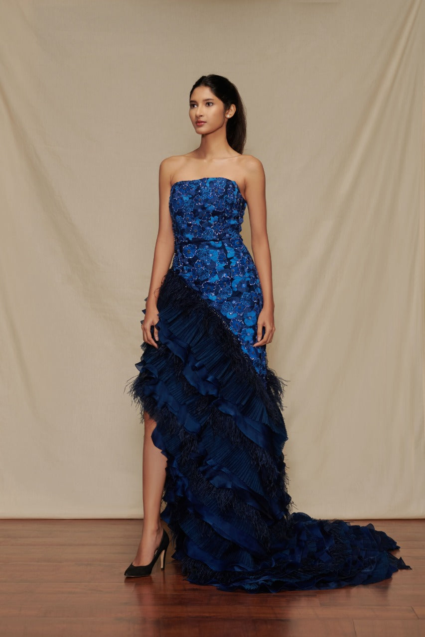 Asymmetric Feather Texture Gown without Trail