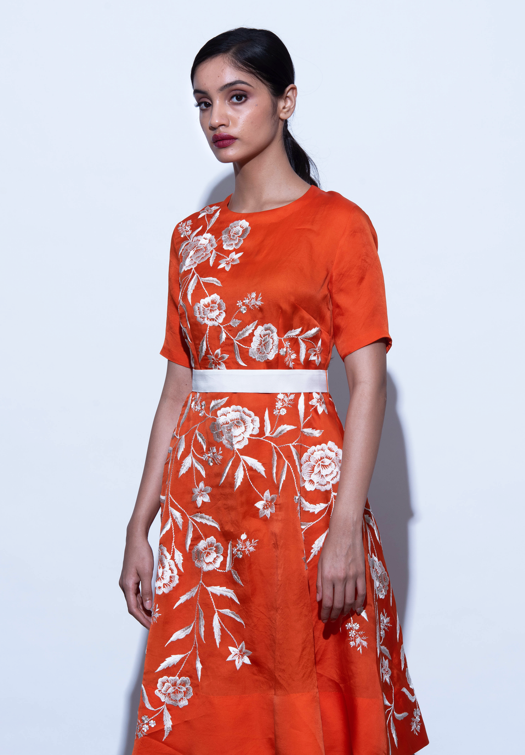 Fit and flare Embroidery Dress W/belt