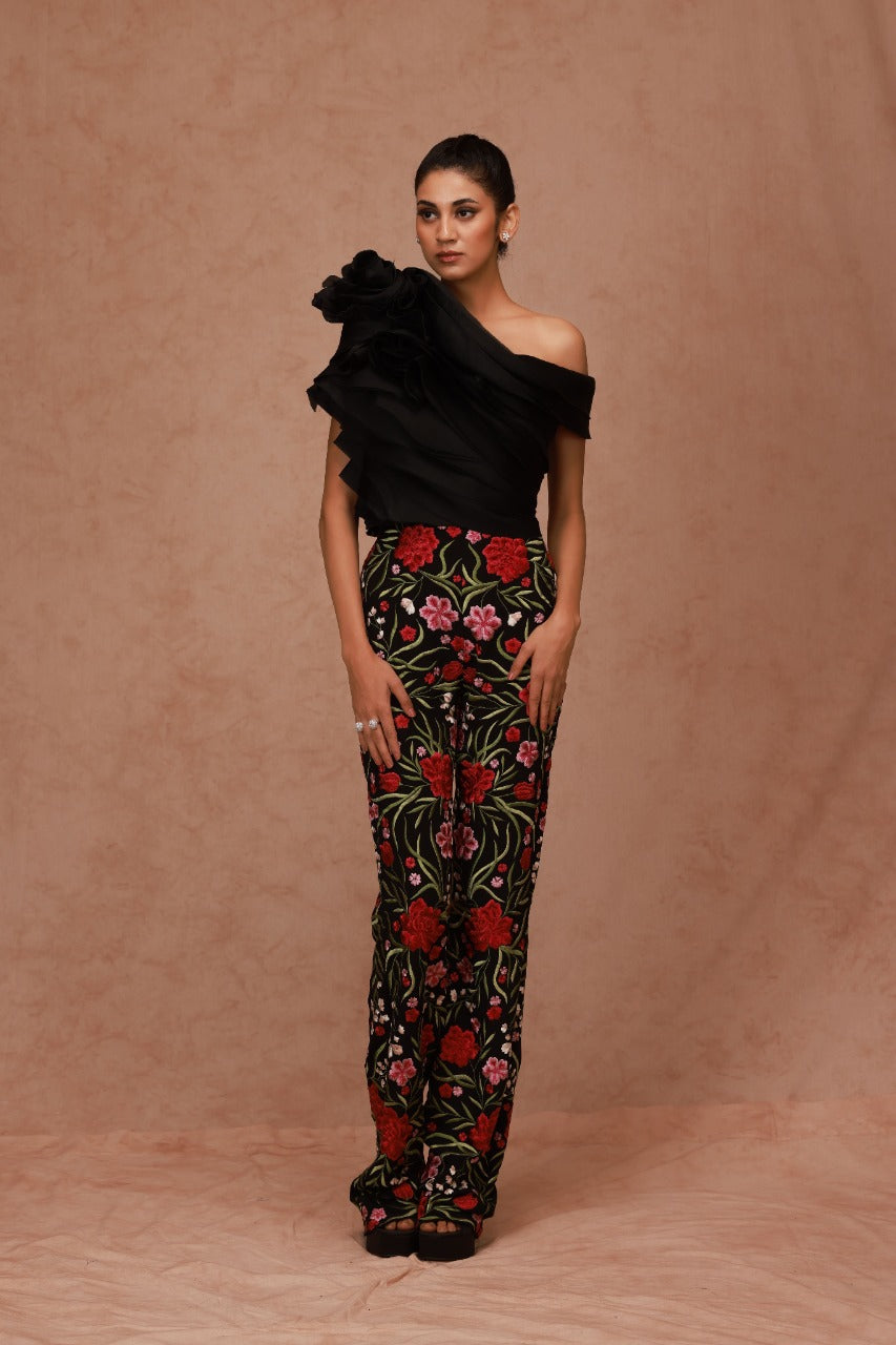 Draped Top with Floral Embroidered Pant